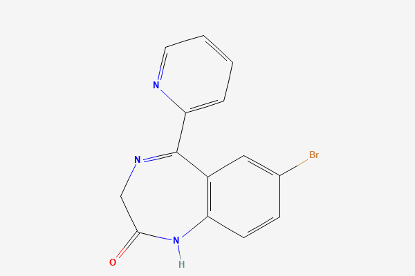 Tvívíð byggingarformúla: Brómazepam. 7-bromo-5-pyridin-2-yl-1,3-dihydro-1,4-benzodiazepin-2-one
