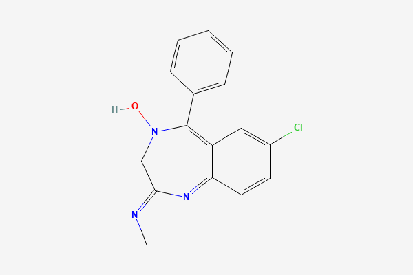 Tvívíð byggingarformúla: Klórdíazepoxíð. 7-chloro-4-hydroxy-N-methyl-5-phenyl-3H-1,4-benzodiazepin-2-imine