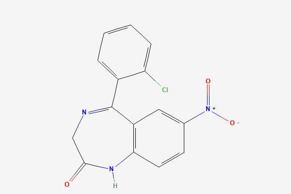 Tvívíð byggingarformúla: Klónazepam. 5-(2-chlorophenyl)-7-nitro-1,3-dihydro-1,4-benzodiazepin-2-one