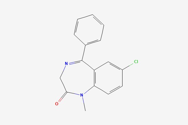 Tvívíð byggingarformúla: Díazepam. 7-chloro-1-methyl-5-phenyl-3H-1,4-benzodiazepin-2-one