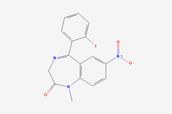 Tvívíð byggingarformúla: Flúnítrazepam. 5-(2-fluorophenyl)-1-methyl-7-nitro-3H-1,4-benzodiazepin-2-one