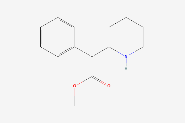 Tvívíð byggingarformúla: Metýlfenídat. methyl 2-phenyl-2-piperidin-2-ylacetate