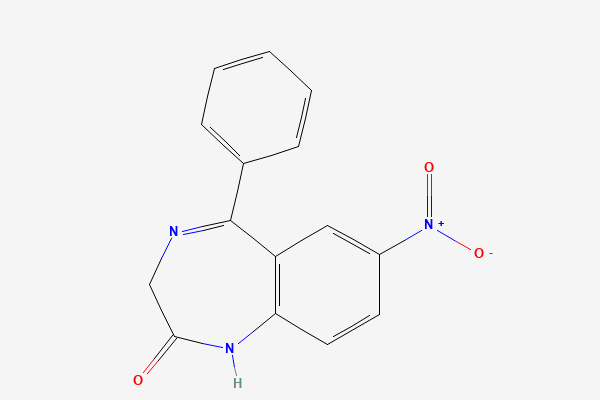 Tvívíð byggingarformúla: Nítrazepam. 7-nitro-5-phenyl-1,3-dihydro-1,4-benzodiazepin-2-one