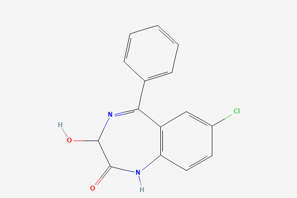 Tvívíð byggingarformúla: Oxazepam. 7-chloro-3-hydroxy-5-phenyl-1,3-dihydro-1,4-benzodiazepin-2-one